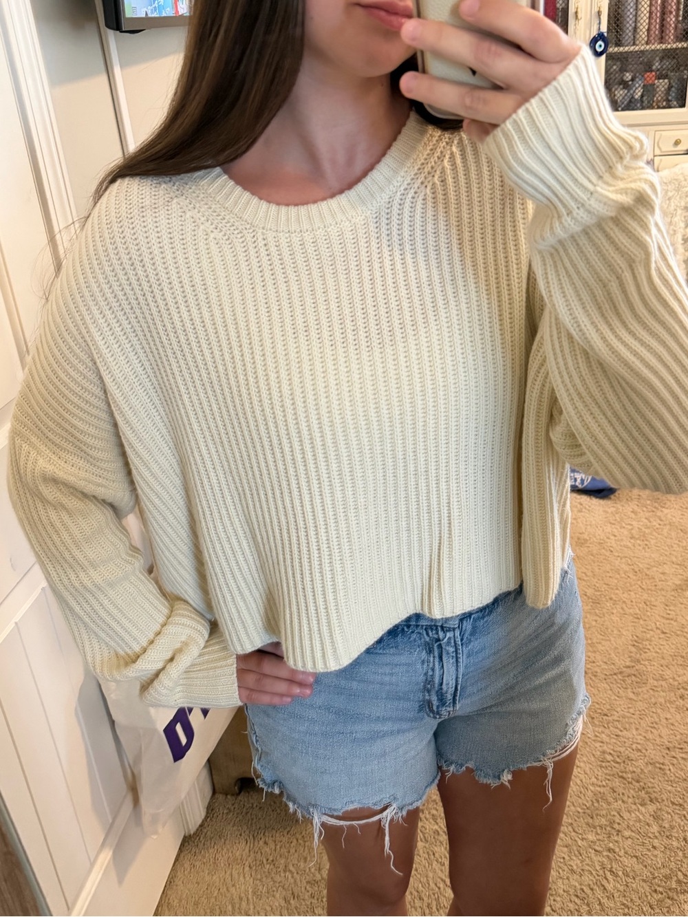 TALULAH Cream Ribbed Cropped Crewneck Sweater